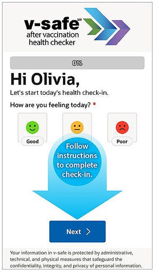 V-Safe after vaccination health checker screen shot