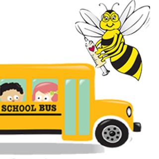 front of school bus, Bee-wise bee logo