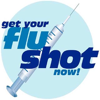 syringe with text, get your flu shot now!