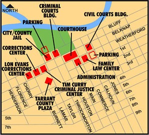 Map showing best parking locations to access Tarrant County buildings in downtown Fort Worth.